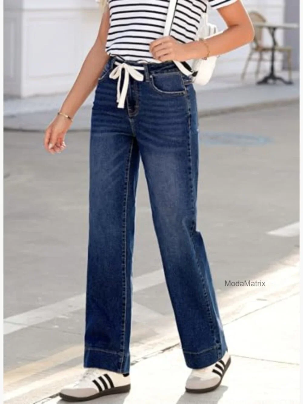 High Waisted Wide Leg Stretchy Jeans with Drawstring - Picture 3 of 7